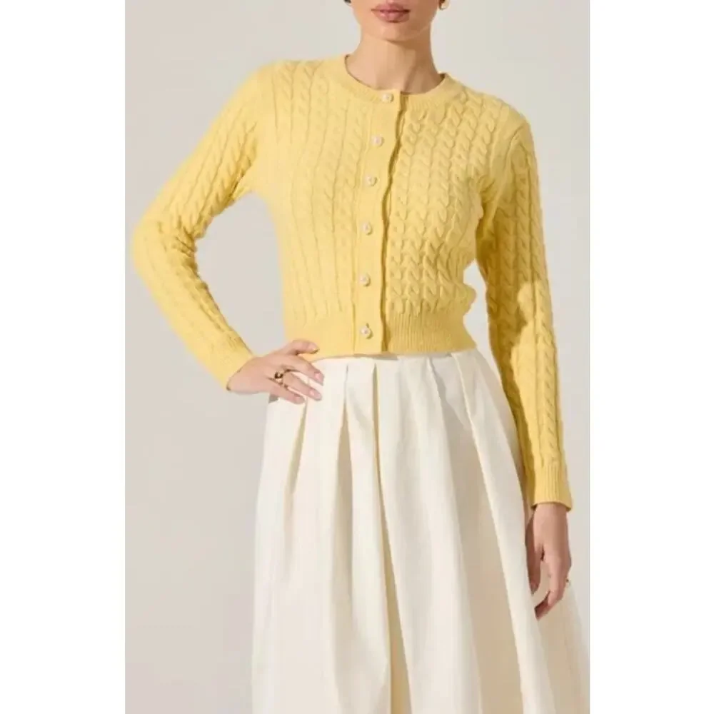 Anthropologie ASTR The Label Cable Stitch Cardigan Pearls Yellow Size Medium - Picture 1 of 6